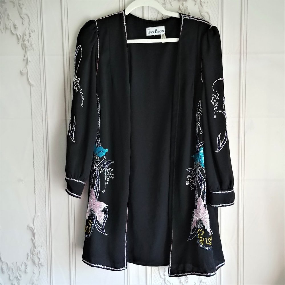 Vintage Jack Bryan Kimono Open Cardigan Style - Black with Sequins and Beads - M